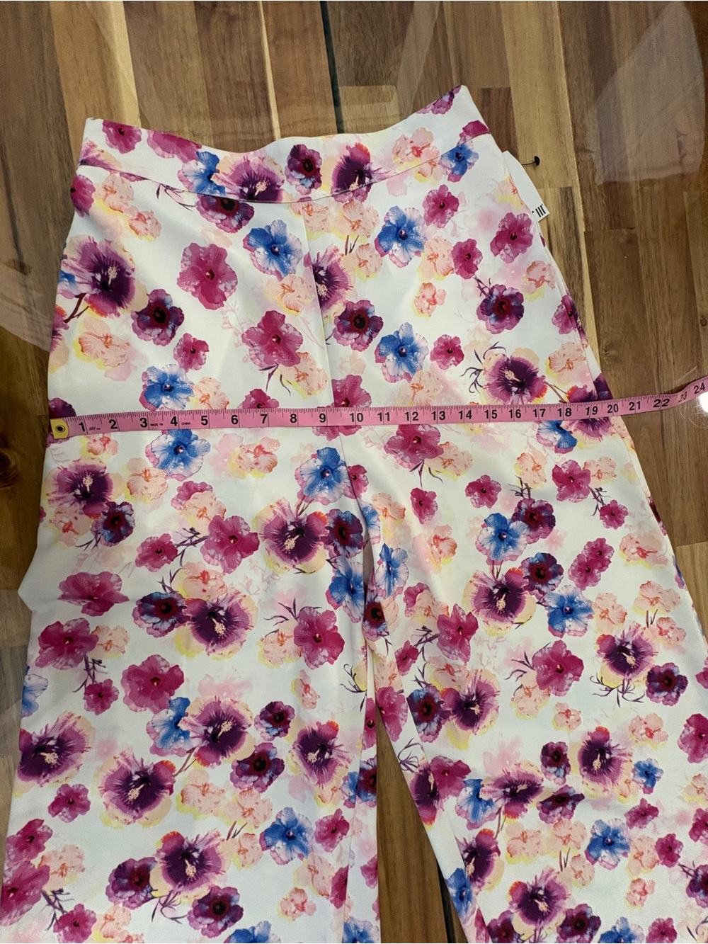 Sz S Printed Floral High Rise Wide-Leg Pull-On Pants w Pockets, White Pink Blue - Picture 9 of 16